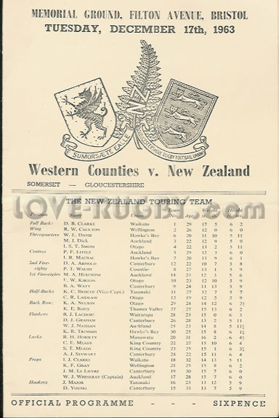 1963 Western Counties v New Zealand  Rugby Programme
